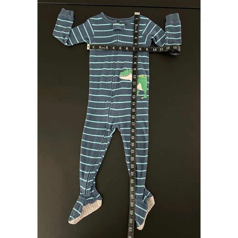Carters Boys Blue Striped Dinosaur Footed Pajamas Cotton Zip Up Sleepwear 1488